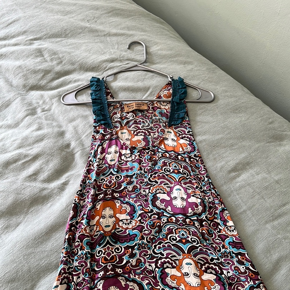 Karen Zambos Multicolor Psychedelic Mini Dress with Teal Straps